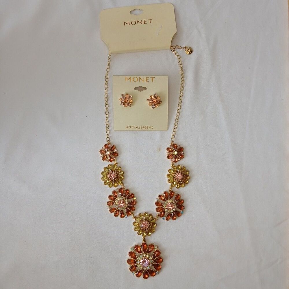 Monet Statement Rhinestone & Pearl Silver Tone Floral Necklace & Earring Set New